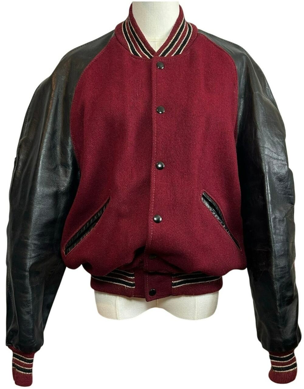 VTG 80s DeLong Archival Varsity Letter Jacket Maroon Black Leather 42 Grunge